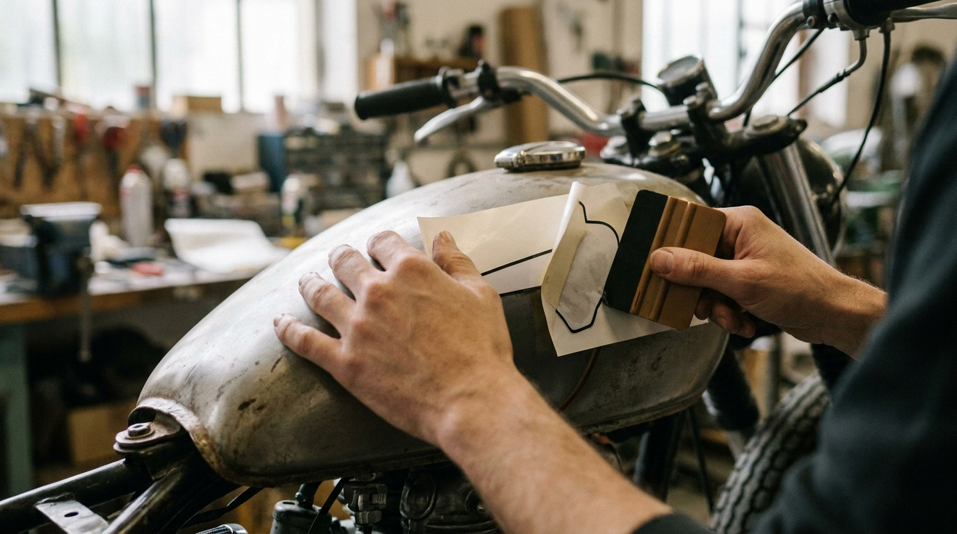 Pose d'un autocollant en vinyle découpé à la raclette sur le réservoir d'une moto, dans un atelier