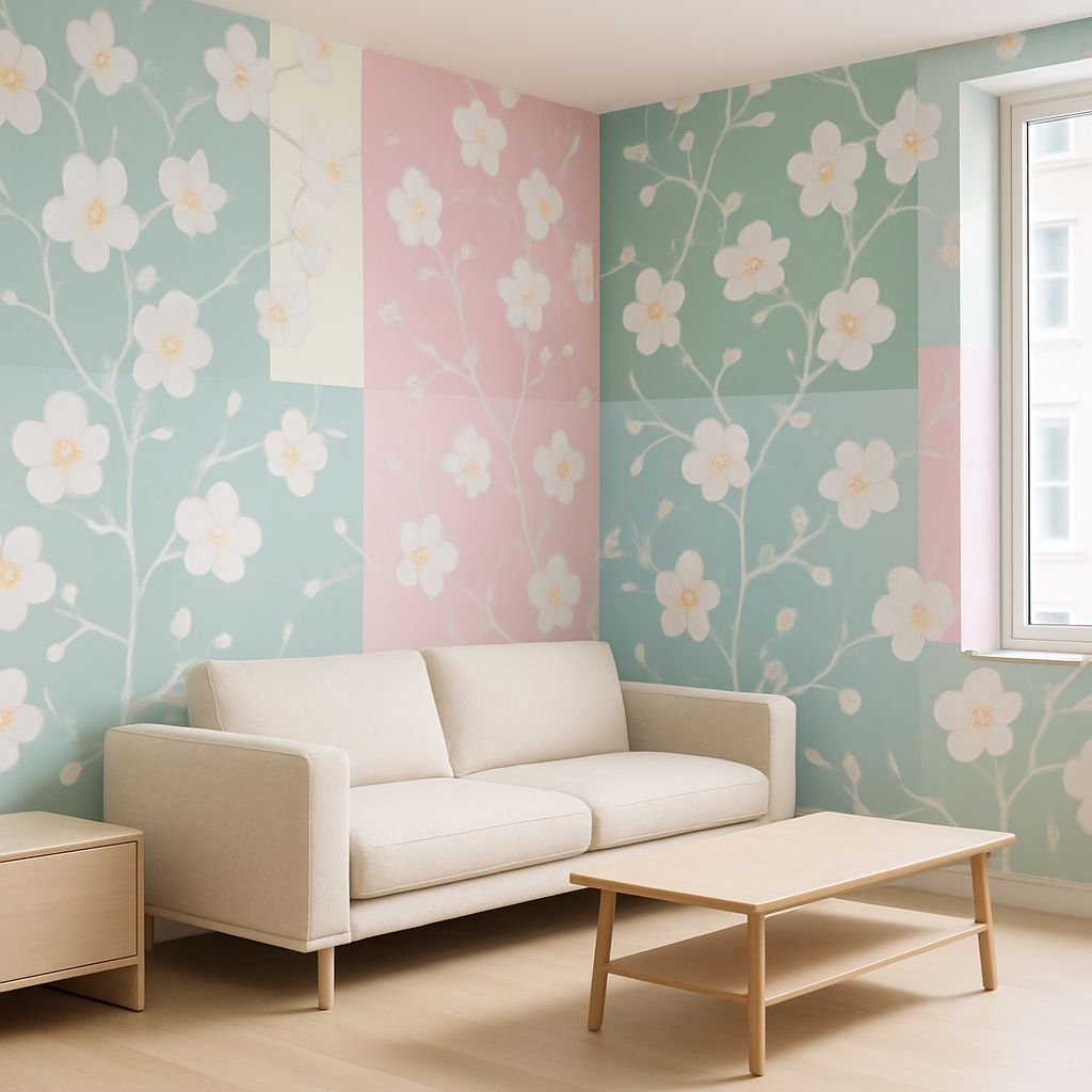 Papier peint motifs floraux style peinture aux teintes fraîches