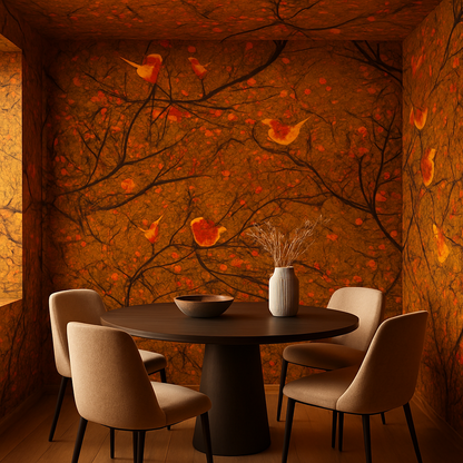 Papier Peint Couleurs d'Oiseaux sur Branches d'Automne