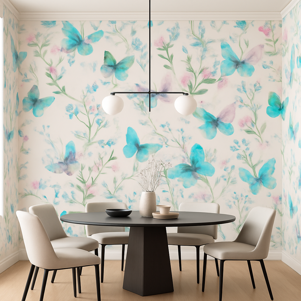 Papier Peint Fleurs Sauvages et Papillons Aquarelle