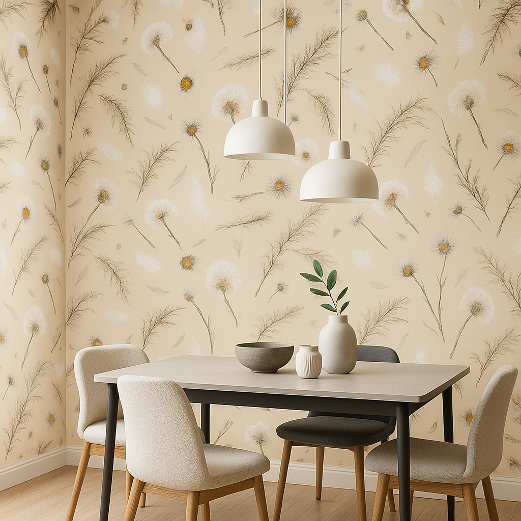 Papier peint plumes blanches et fleurs séchées beige pastel