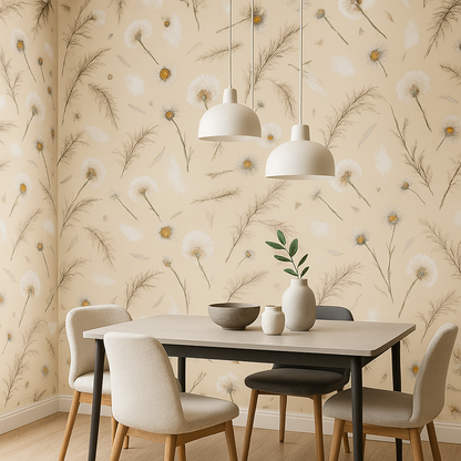 Papier peint plumes blanches et fleurs séchées beige pastel