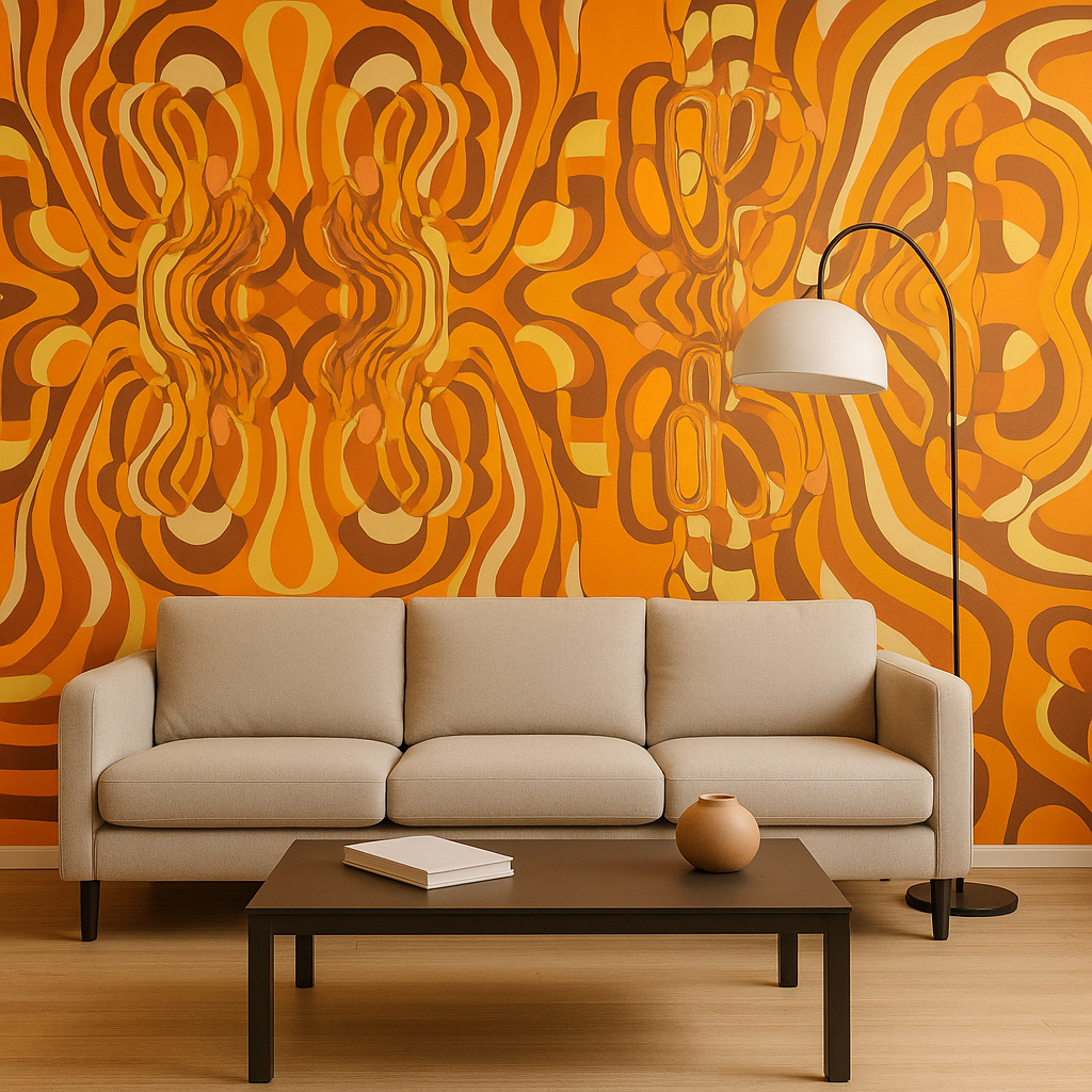 Papier Peint Motifs Rétro Seventies aux Couleurs Chaudes