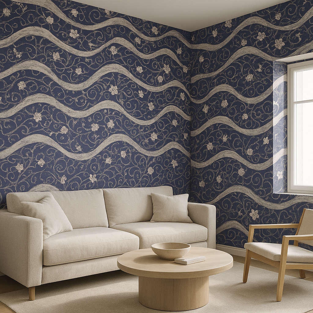 Papier peint motifs Cerisiers en fleurs et vagues japonaises traditionnels