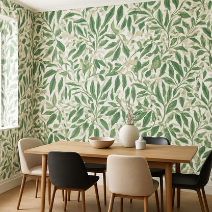 Papier Peint Illustration Feuilles Vertes et Fleurs Blanches