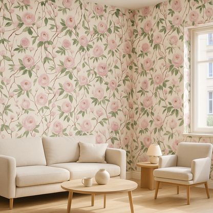 Papier Peint Naturel aux Feuilles Vertes et Fleurs Blanches