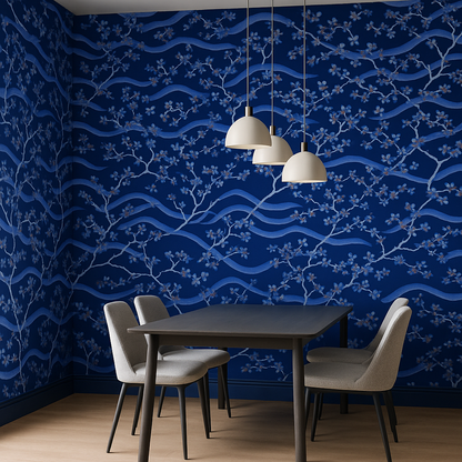 Papier peint Cerisiers en fleurs et Vagues Japonaises Style Traditionnel