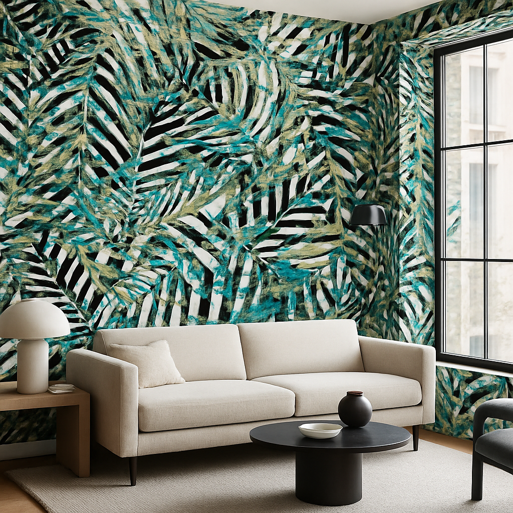 Papier Peint Floral Abstrait Tropical Bleu et Beige