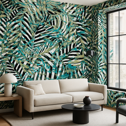 Papier Peint Floral Abstrait Tropical Bleu et Beige