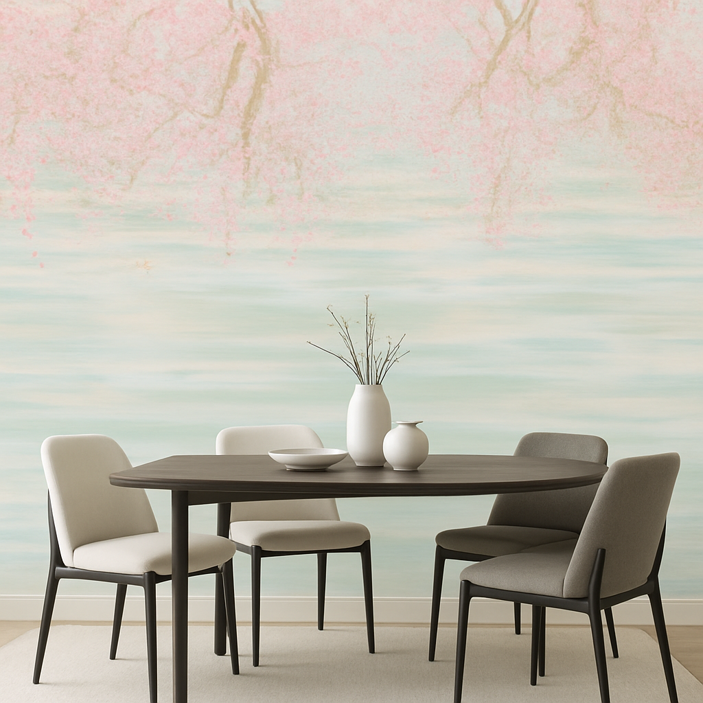 Papier Peint Paysage Calme Aquarelle Lac et Arbre en Fleurs