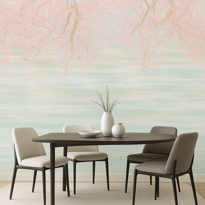 Papier Peint Paysage Calme Aquarelle Lac et Arbre en Fleurs