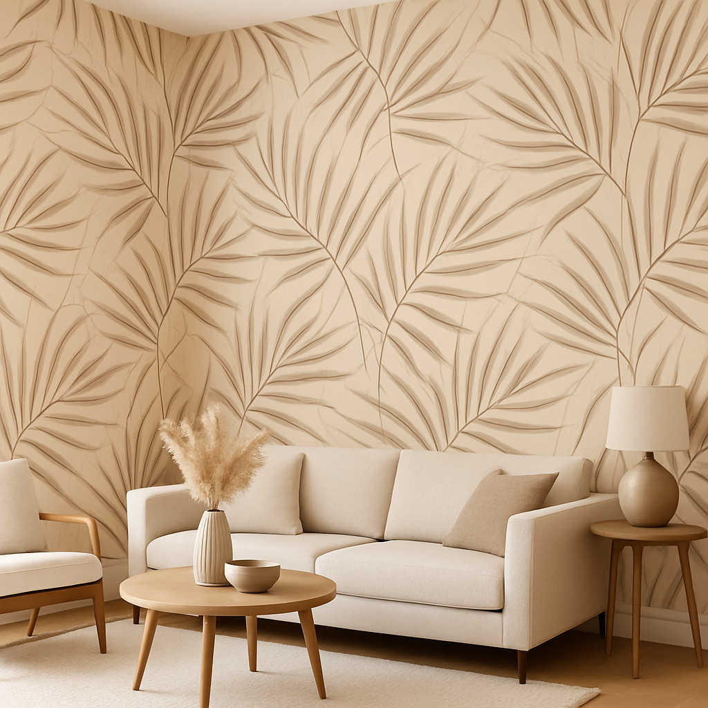 Papier Peint Illustration Monochrome Plantes et Épillets Beige