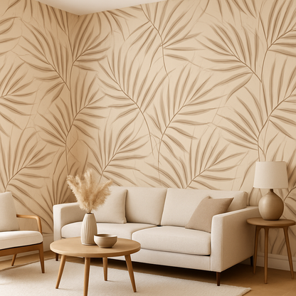 Papier Peint Illustration Monochrome Plantes et Épillets Beige