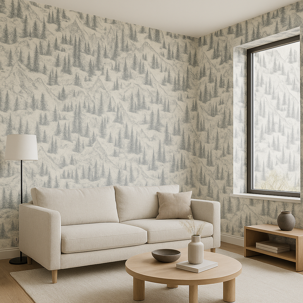 Papier Peint Hiver Montagne Forêt Alpes Dessin au Crayon