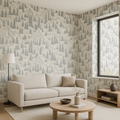 Papier Peint Hiver Montagne Forêt Alpes Dessin au Crayon