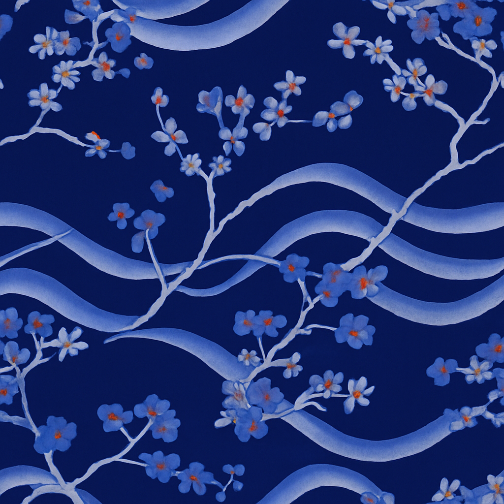 Papier peint Cerisiers en fleurs et Vagues Japonaises Style Traditionnel