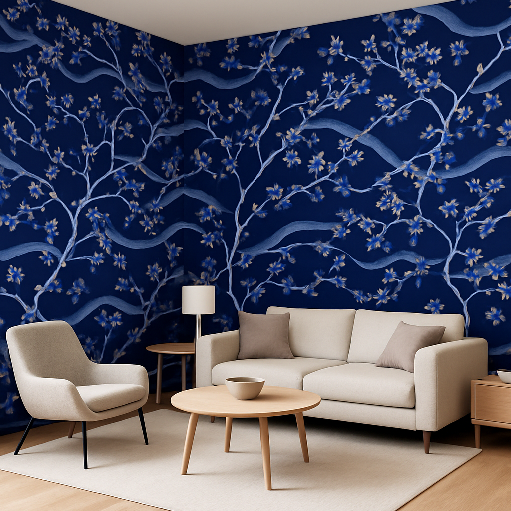 Papier peint Cerisiers en fleurs et Vagues Japonaises Style Traditionnel