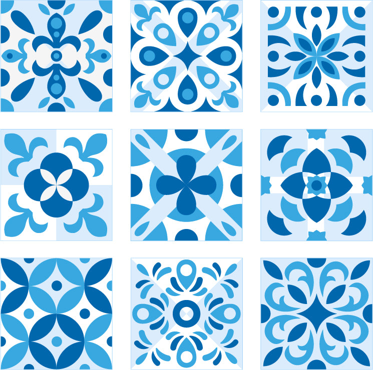 PLANCHE DE 9 ADHÉSIF CARRELAGE - DÉCORATION DE CARREAUX CIMENT - MOSAÏQUE NUANCES DE BLEU
