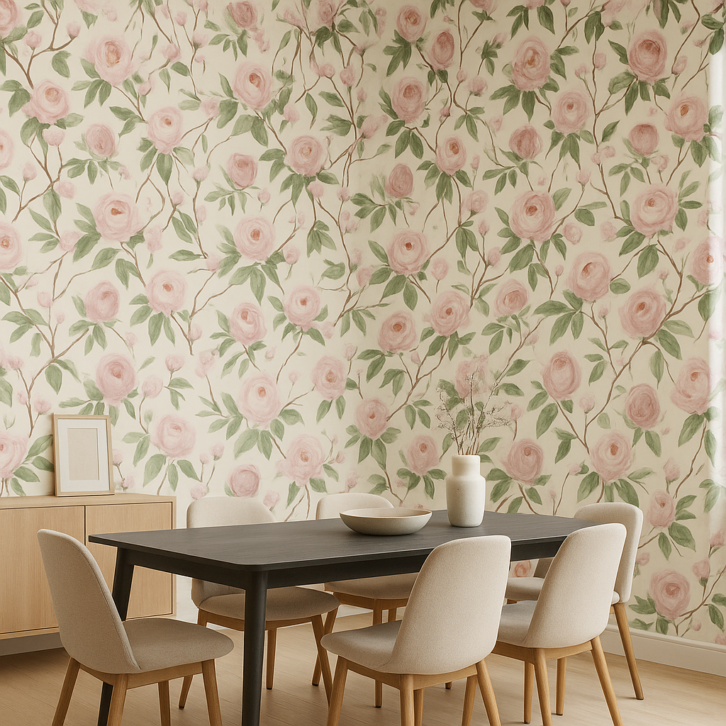 Papier Peint Naturel aux Feuilles Vertes et Fleurs Blanches