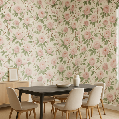 Papier Peint Naturel aux Feuilles Vertes et Fleurs Blanches