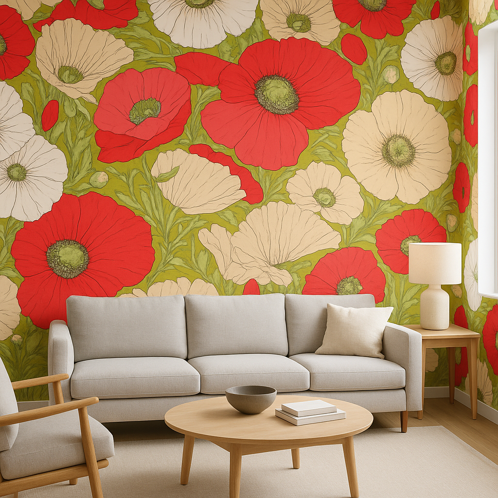Papier peint fleurs sauvages et coquelicots en technique des traits