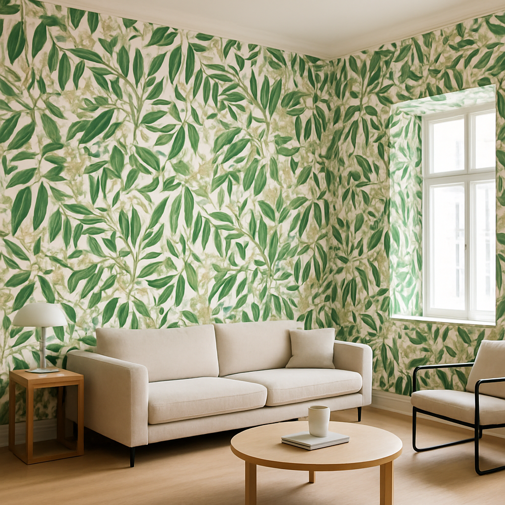 Papier Peint Illustration Feuilles Vertes et Fleurs Blanches