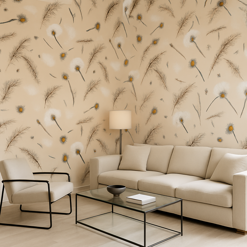 Papier peint plumes blanches et fleurs séchées beige pastel
