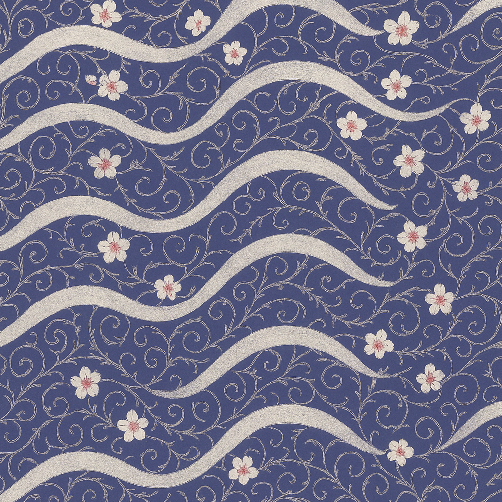 Papier peint motifs Cerisiers en fleurs et vagues japonaises traditionnels