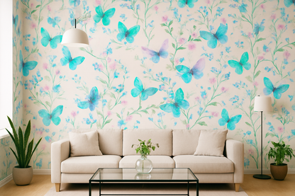 Papier Peint Fleurs Sauvages et Papillons Aquarelle