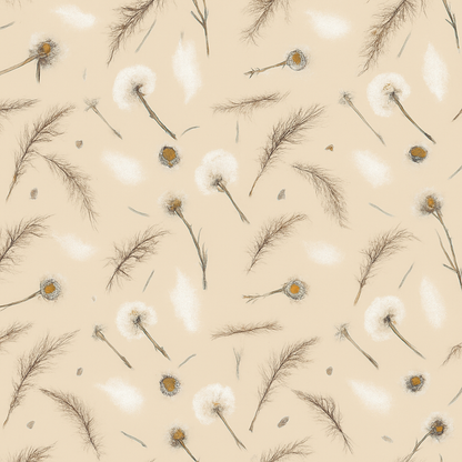 Papier peint plumes blanches et fleurs séchées beige pastel