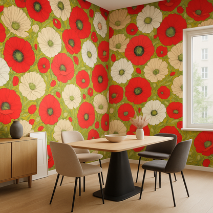 Papier peint fleurs sauvages et coquelicots en technique des traits