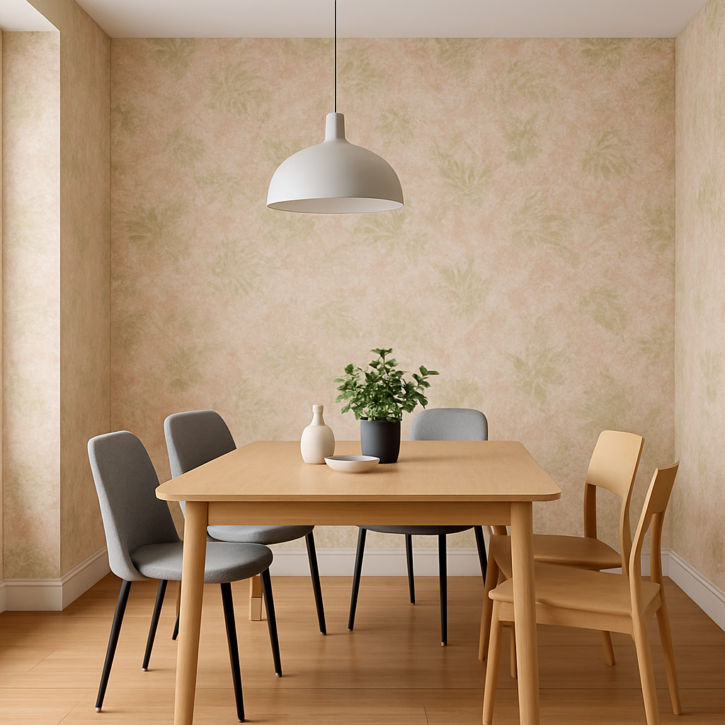 Papier Peint Feuilles Pastel sur Fond Marbre Beige