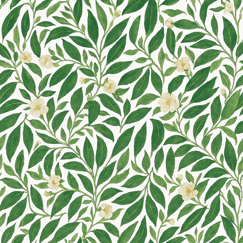 Papier Peint Illustration Feuilles Vertes et Fleurs Blanches