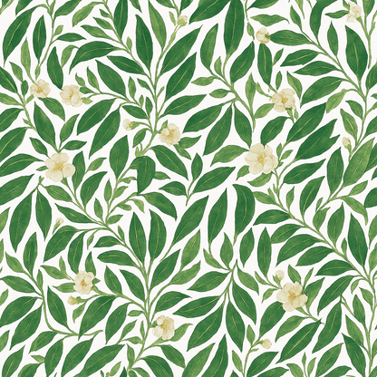 Papier Peint Illustration Feuilles Vertes et Fleurs Blanches