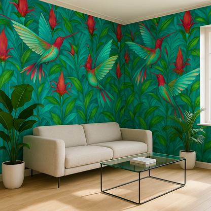 Papier Peint Plantes Exotiques et Colibris