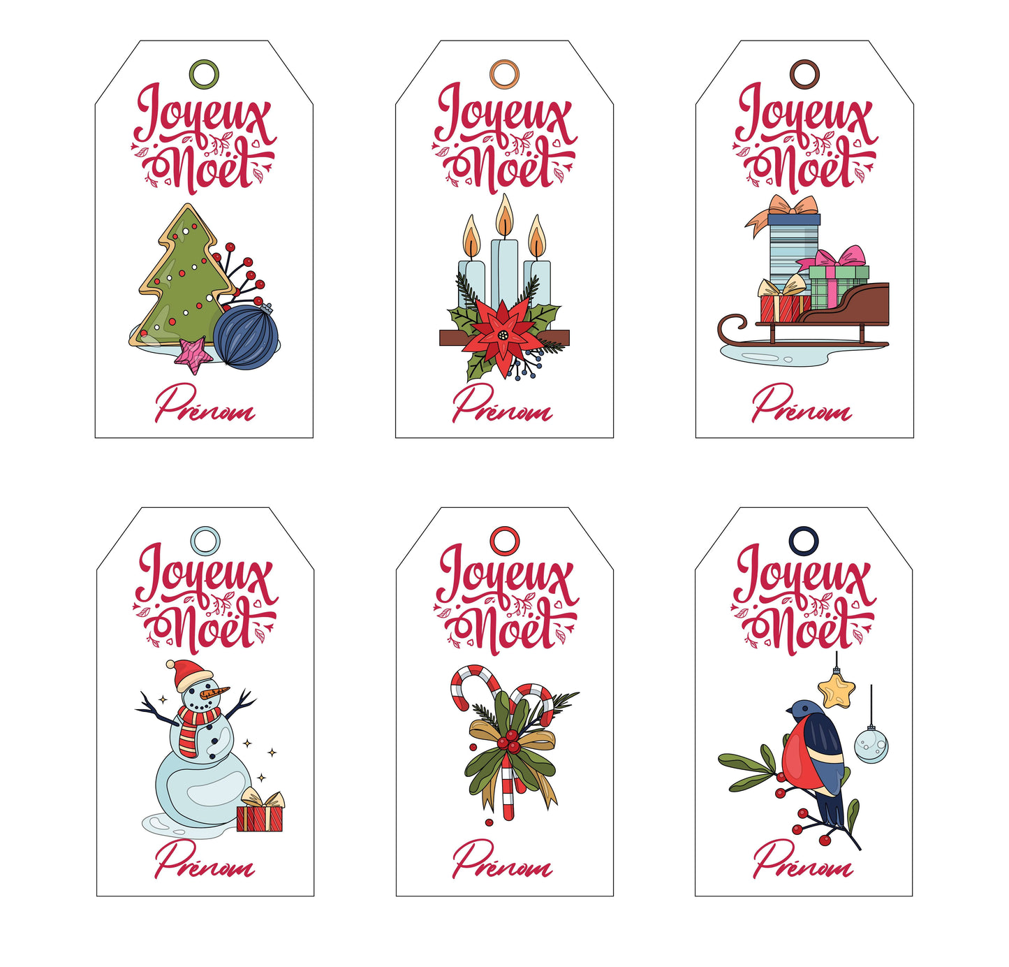 Noël Etiquettes cadeaux - Dessins de Noël. Lot de 6 à personnaliser
