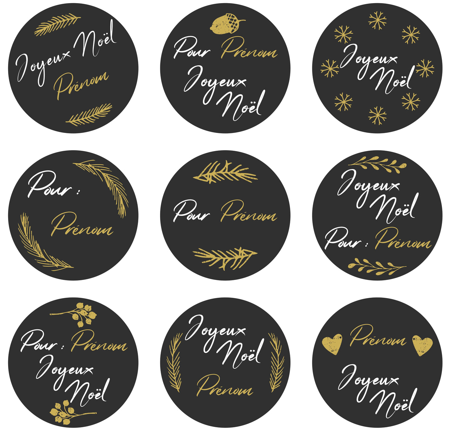 Noël Etiquettes cadeaux - Boules Noires et dorées, Joyeux Noël et à personnaliser. Lot de 9