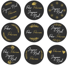Noël Etiquettes cadeaux - Boules Noires et dorées, Joyeux Noël et à personnaliser. Lot de 9