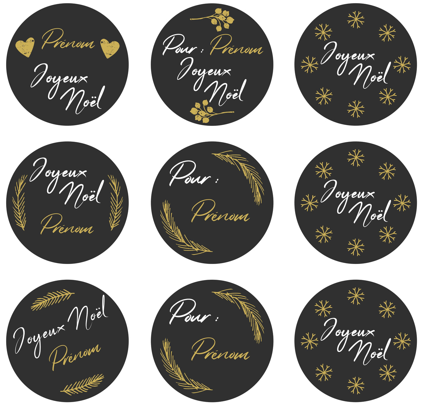 Noël Etiquettes cadeaux - Boules Noires et dorées à personnaliser. Lot de 6 à personnaliser + 3 Joyeux Noël