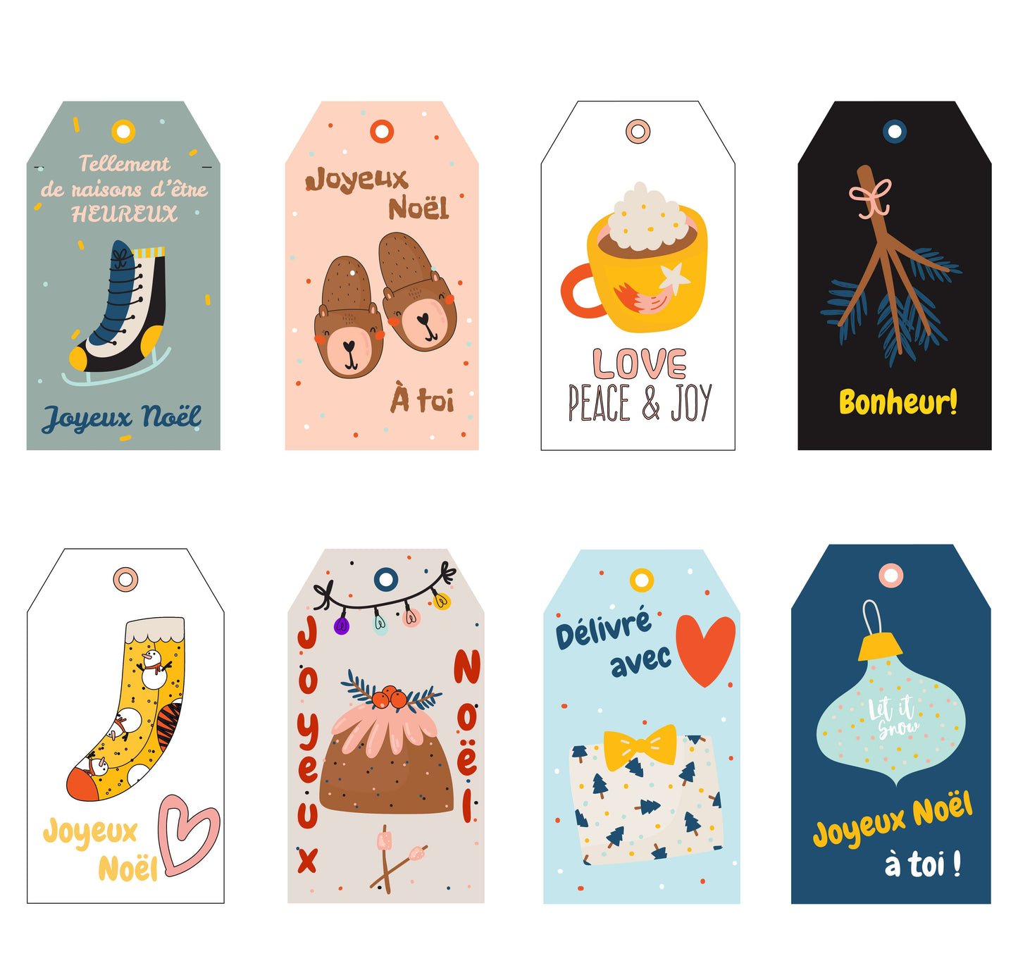 Noël Etiquettes cadeaux - Motifs Noël et Joyeux Noël. Lot de 8