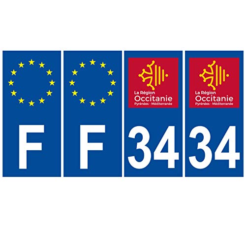 Supstick 4 Stickers Autocollants Plaques Immatriculation Auto Dept 34 Occitanie Bleu Foncé Angles Carrés