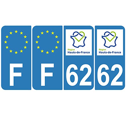 Supstick 4 Stickers Autocollants Plaques Immatriculation Auto Dept 62 Hauts de France Bleu Clair Angles Arrondis