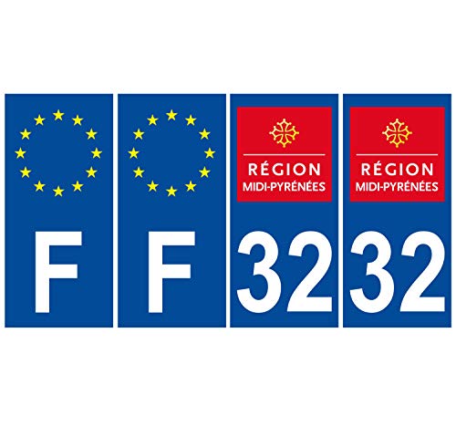 Supstick 4 Stickers Autocollants Plaques Immatriculation Auto Dept 32 Midi Pyrénées Bleu Foncé Angles Carrés