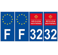 Supstick 4 Stickers Autocollants Plaques Immatriculation Auto Dept 32 Midi Pyrénées Bleu Foncé Angles Carrés