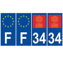 Supstick 4 Stickers Autocollants Plaques Immatriculation Auto Dept 34 Languedoc Roussillon Bleu Foncé Angles Carrés