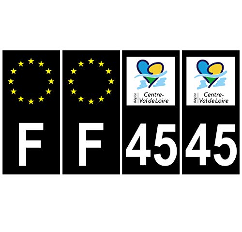 Supstick 4 Stickers Autocollants Plaques Immatriculation Auto Dept 45 Centre Val de Loire Noir Angles Carrés