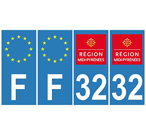 Supstick 4 Stickers Autocollants Plaques Immatriculation Auto Dept 32 Midi Pyrénées Bleu Clair Angles Carrés