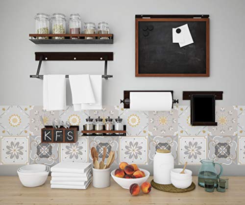 Planche de 4 Adhésif Carrelage - décoration de carreaux - 12 pièces plastifié en mat - mosaïque fleurs grises - format 10x10cm par pièce