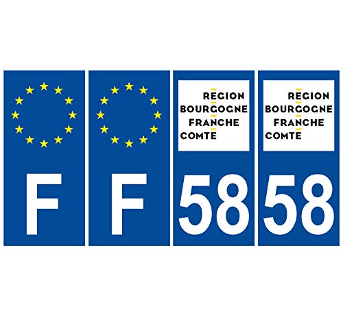 Supstick 4 Stickers Autocollants Plaques Immatriculation Auto Dept 58 Bourgogne Franche Comté Bleu Foncé Angles Carrés