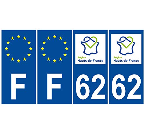 Supstick 4 Stickers Autocollants Plaques Immatriculation Auto Dept 62 Hauts de France Bleu Foncé Angles Carrés